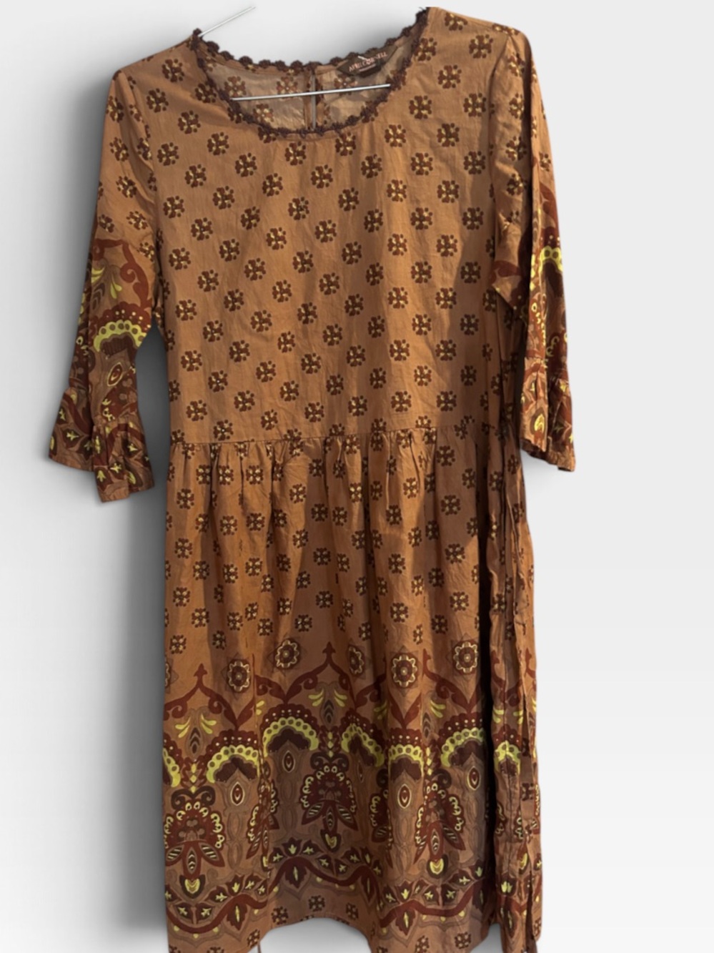 Vintage April Cornell Brown Printed Cotton Border Dress with yellow Accents smal